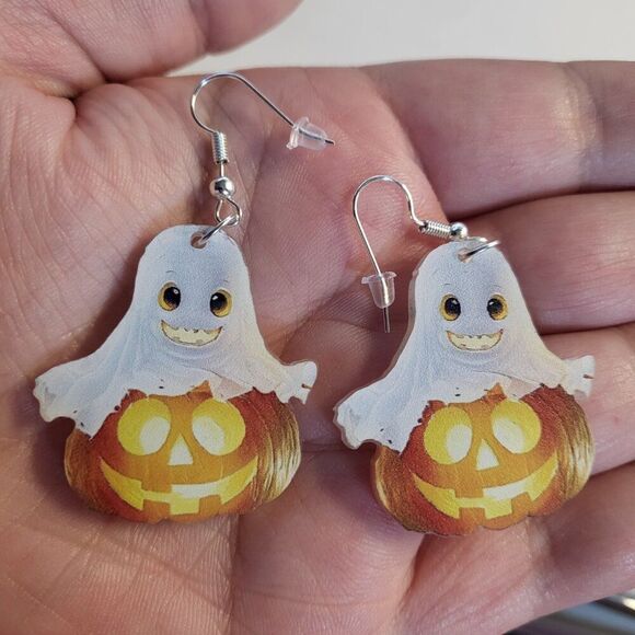 Retro Halloween Ghost on Pumpkin Cartoon Style Acrylic Dangle Earrings - Picture 5 of 6